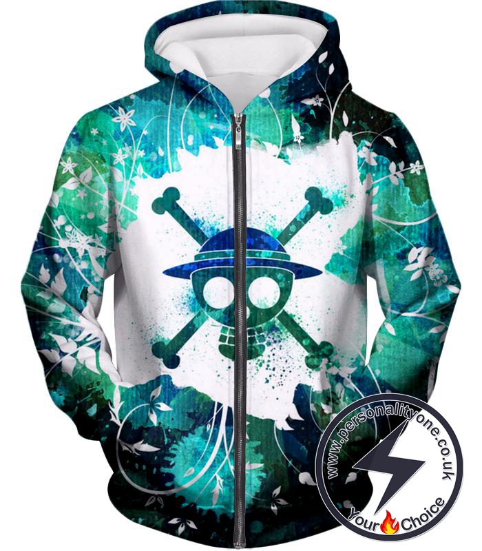 One Piece Cool Straw Hat Pirate Logo Psychedelic Print Zip Up Hoodie